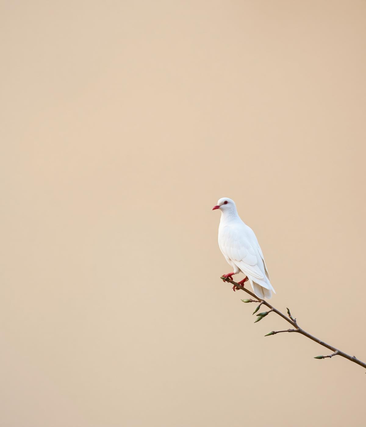 A white dove resting on a slender branch against a warm, muted background.